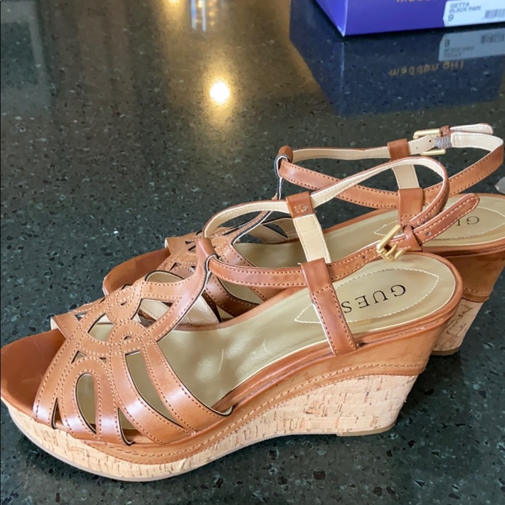 Guess Leather Cork Wedge Sandals 8